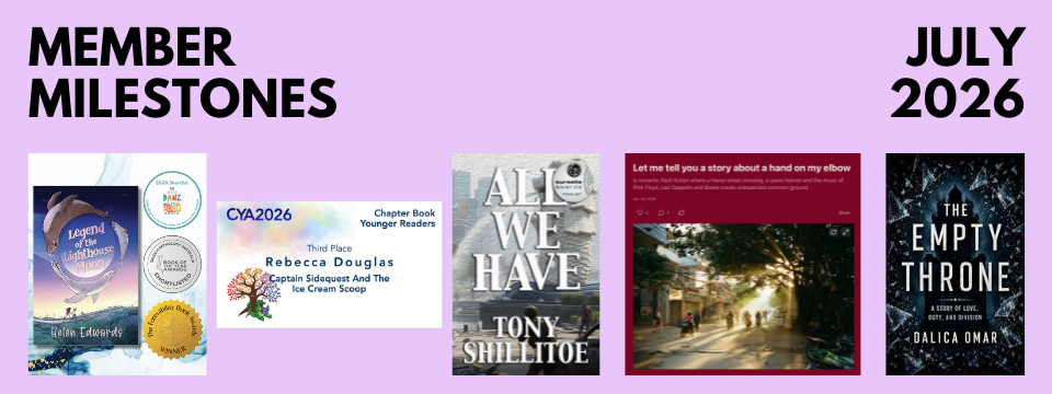 A graphic showing images for each member's milestone including book covers and award certificates.